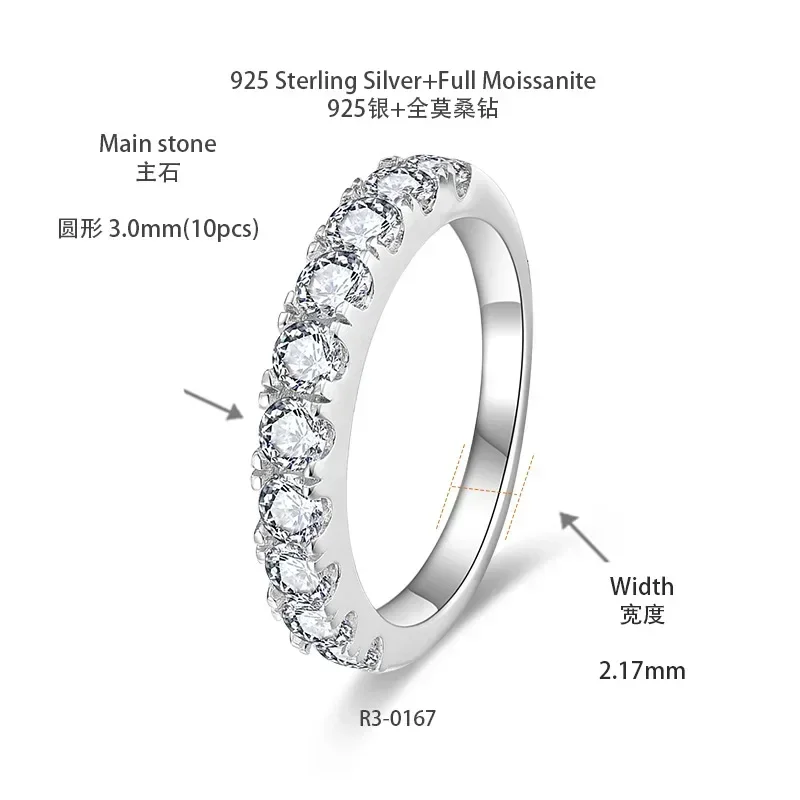 Pretty Beauty Half Eternity 3mm Moissanite Wedding Band S925 Silver for Women Party White Gold Plated Diamond Ring Fine Jewelry