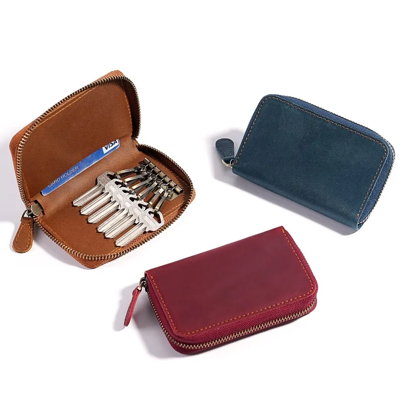 Crazy Horse Leather Key Pouch Genuine Leather Zipper Key Case for Home Use Men's Top-Grain Cowhide Key Holder