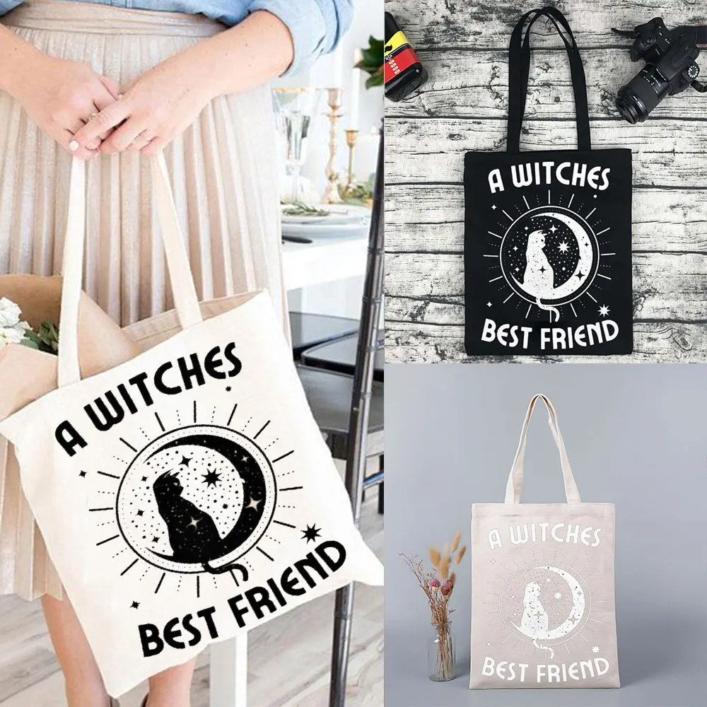 Gothic Halloween Witches Black Cat Magic Totes A Witches Best Friend Tote Bag Eco Friendly Shopping Bag Gift Big Canvas Bag