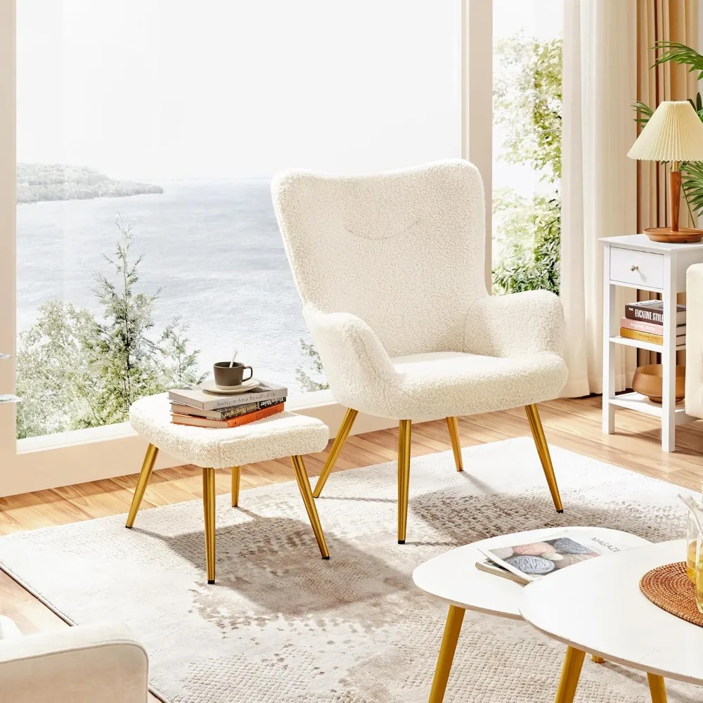 

Boucle Accent Chair and Ottoman Set, Sherpa Armchair with Metal Legs, High Back Reading Chair and Footstool,Customized