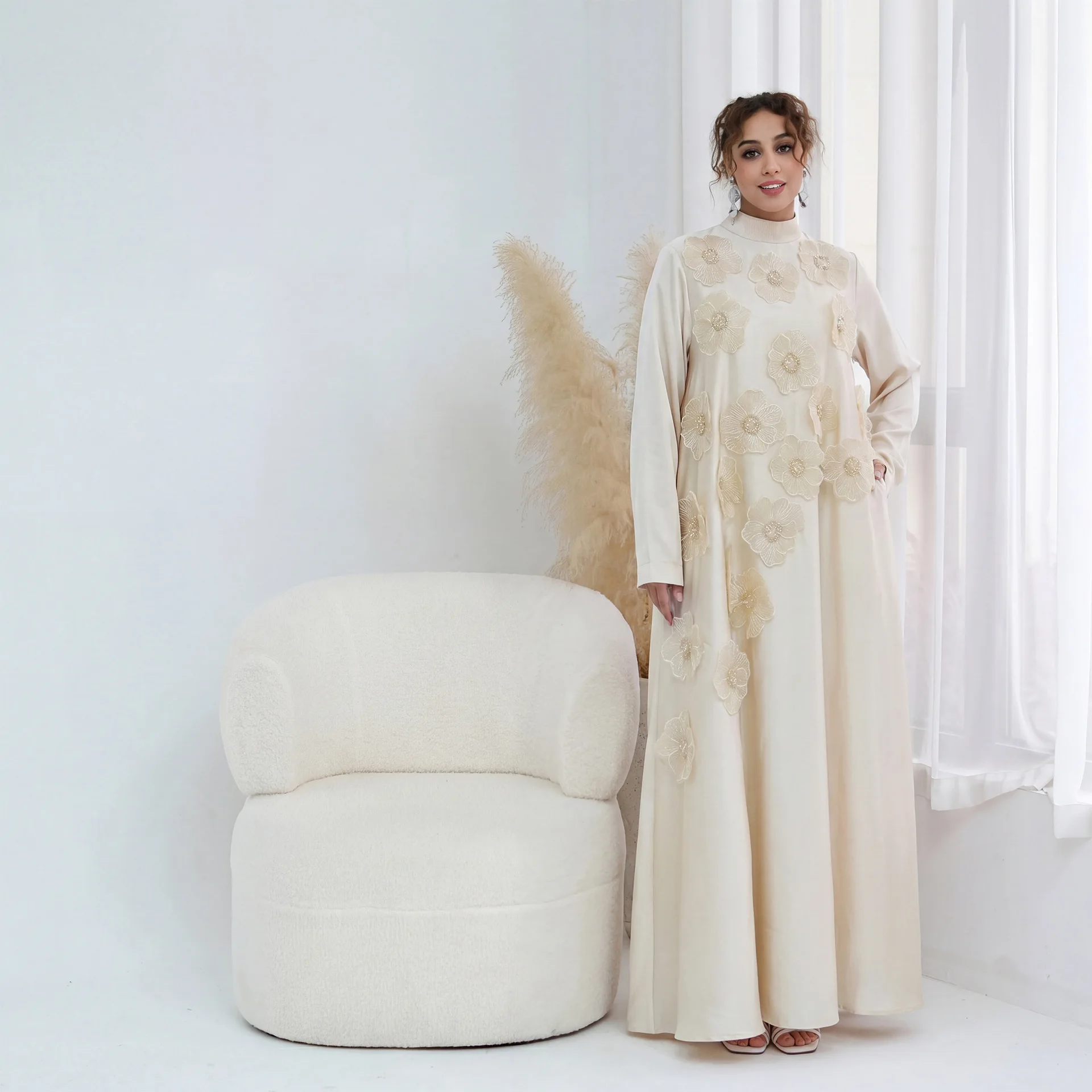 

Dubai Flower Beaded Muslim Oversized Abaya Modest Long Dress Kaftan Morocco Ramadan Party Ladies Robe Musulmane Femme Vestidos