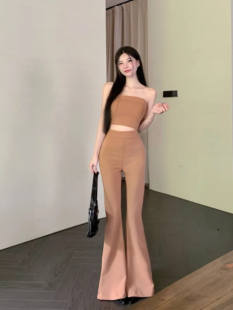 

Spicy Girl Fashion Bra Sling Top Flared Floor Mop Pants Two-piece Set Women Collarbone Backless Sleeveless Solid Slim Summer Set