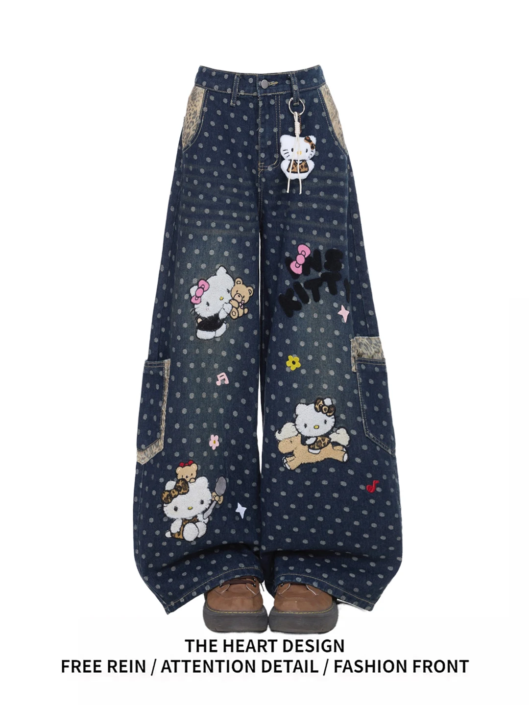 

American Style Cartoon Embroidered Loose Wide Leg Jeans Women's Spring New Design Casual Comfortable Soft Cotton Denim Pants