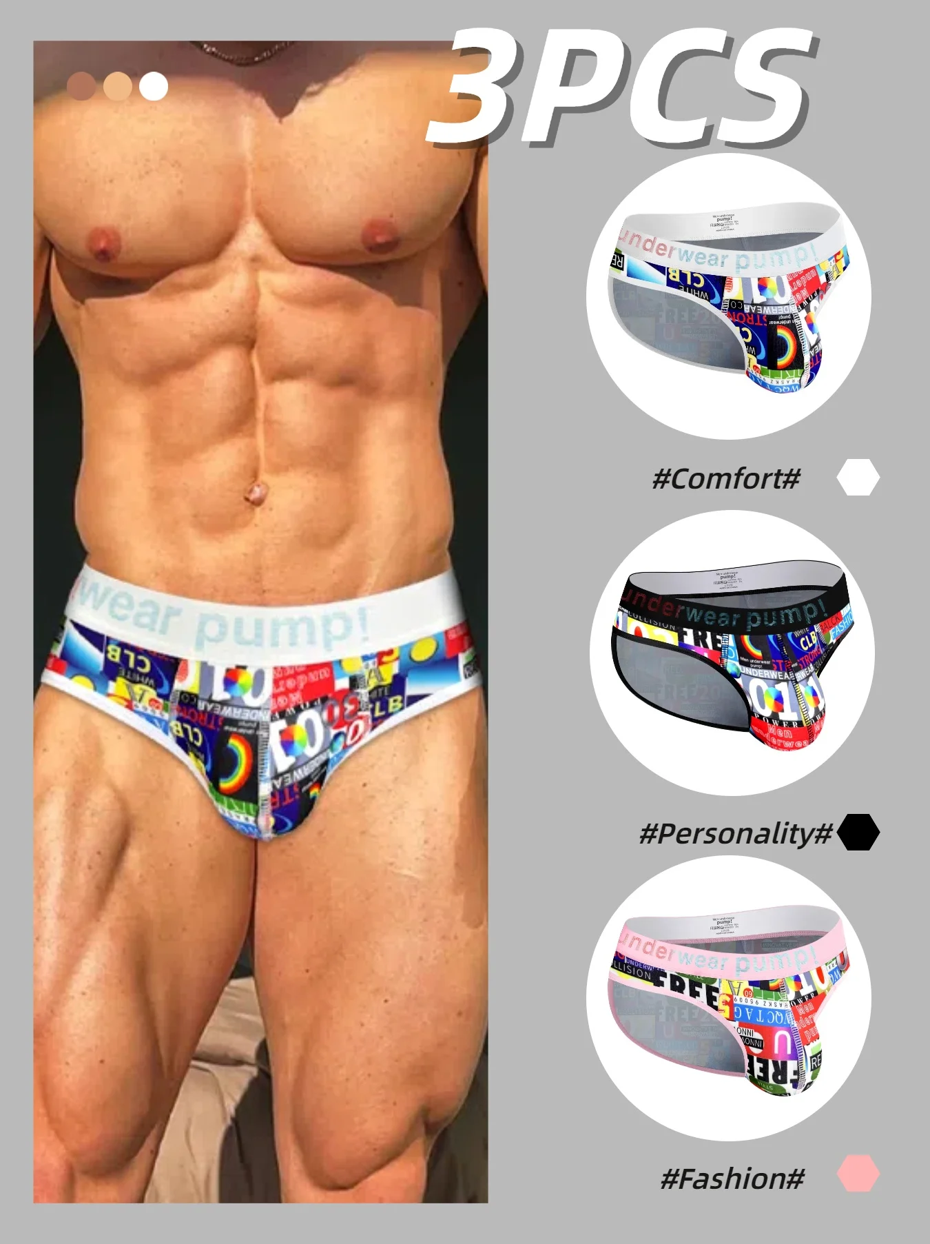 

3 PCS Men's Cool Trendy Underwear Racing Flag Pattern Graffiti Print Low-waisted Briefs Men 3D Large Bag Daliy Sports Underpants