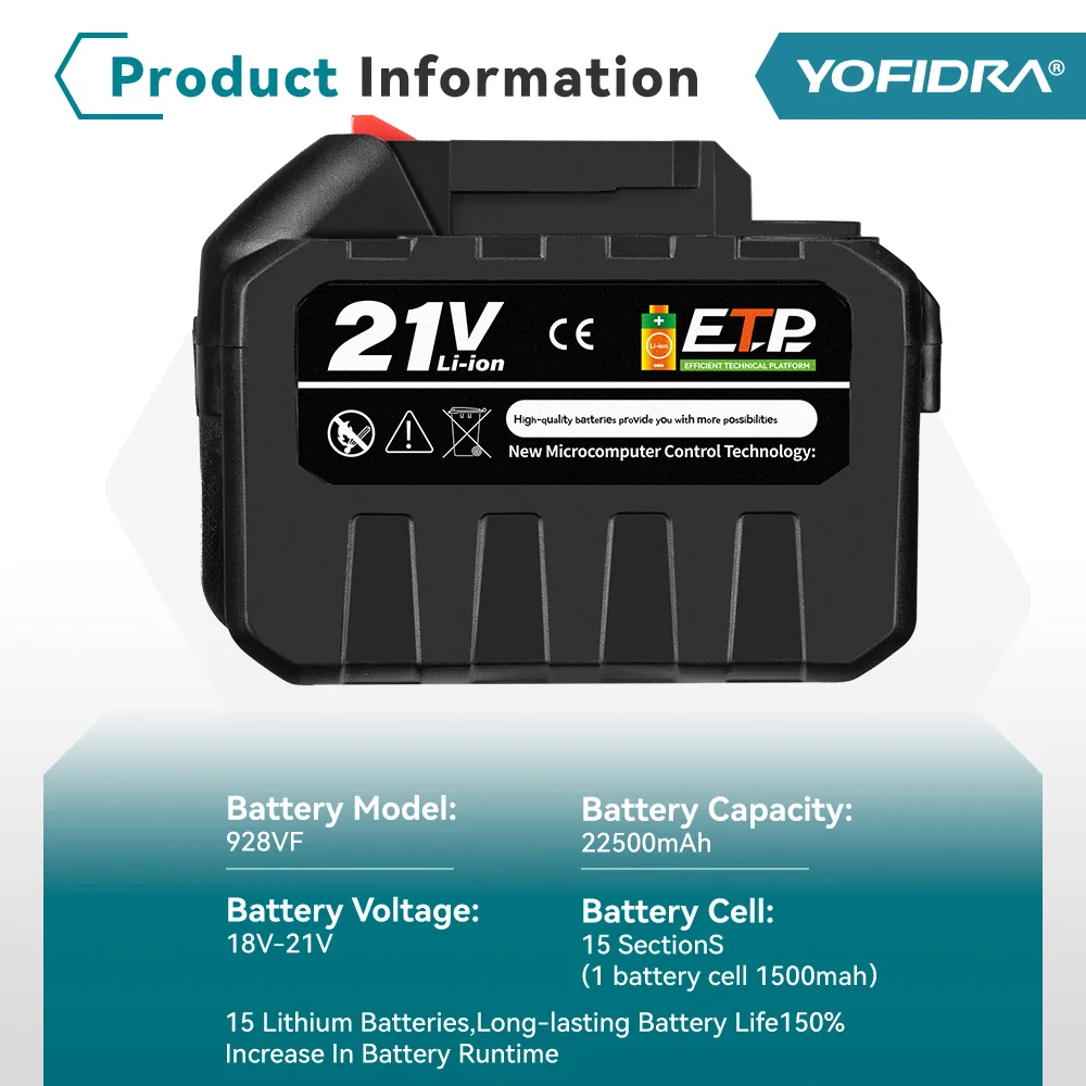 YOFIDRA 18-21V Wiederaufladbare Lithium-Batterie für Bürstenlose Kettensäge Bohrmaschine Elektrischer Schraubenschlüssel für Makita 21V 18V Akku – Detail 17