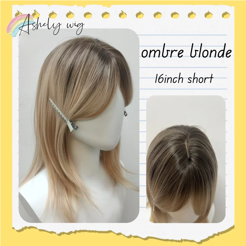 

Ombre Blonde Short Wig for Women 16inch Straight Wigs High Temperature Fibers Natural Looking Synthetic Wigs with Curtain Bangs