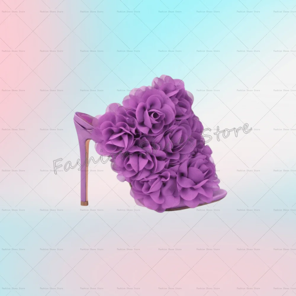 

Purple Flowers Decor Slippers Comfortable Fashion Women Shoes Stilettos High Heels Party Banquet Dating 2025 Zapatos Para Mujere