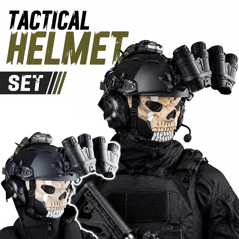 COD Tactical Protective Helmet Set with Ghost Full Face Mask NVG Model Survival Light Earphone for CS Paintball Airsoft Shooters