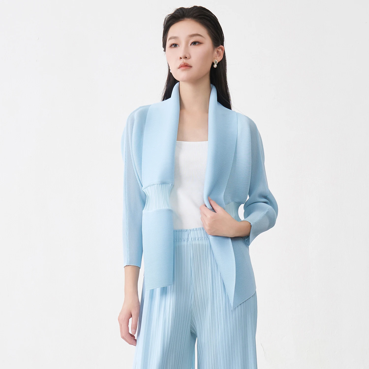 Pleated Women Thin Jacket Solid Color Lapel Cardigan with Lace Up Design Loose Plus Size Fashion Casual Female Spring Jacket