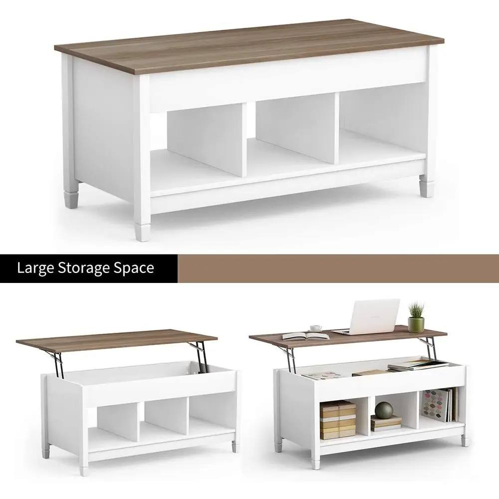 Hidden Compartment & Open Shelves Coffee Table, Modern Storage Table, Accent Lift-Top Table for Living/Reception Rooms (White)