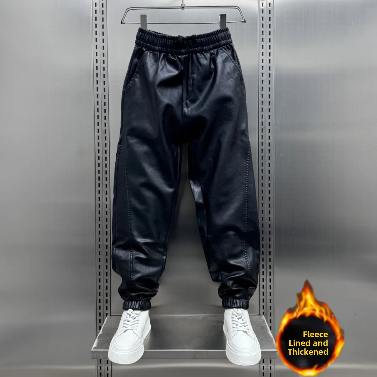 

Winter Thiened Fce Lined PU Leather Slim Fit Casual Pants for Men Trendy Korean Sle Motorcycle Pants Loose Fit Long Pants