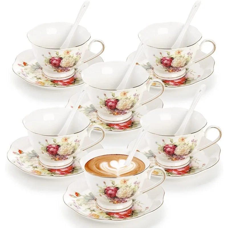 Tea Cups and Saucers Set of 6, Floral Tea Cup Set with Gold Trim, 6 oz Porcelain Ivory Coffee Cups with Saucers and Spoons,