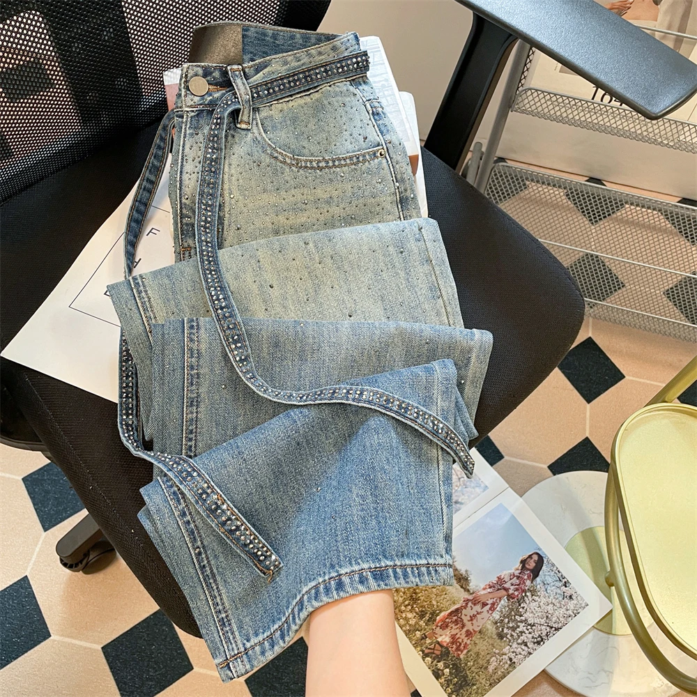 Vintage Shiny Rhinestone High Waist Jeans Women's Loose Chic Versatile Wide Leg Denim Pants Spicy Girls Straight Trousers