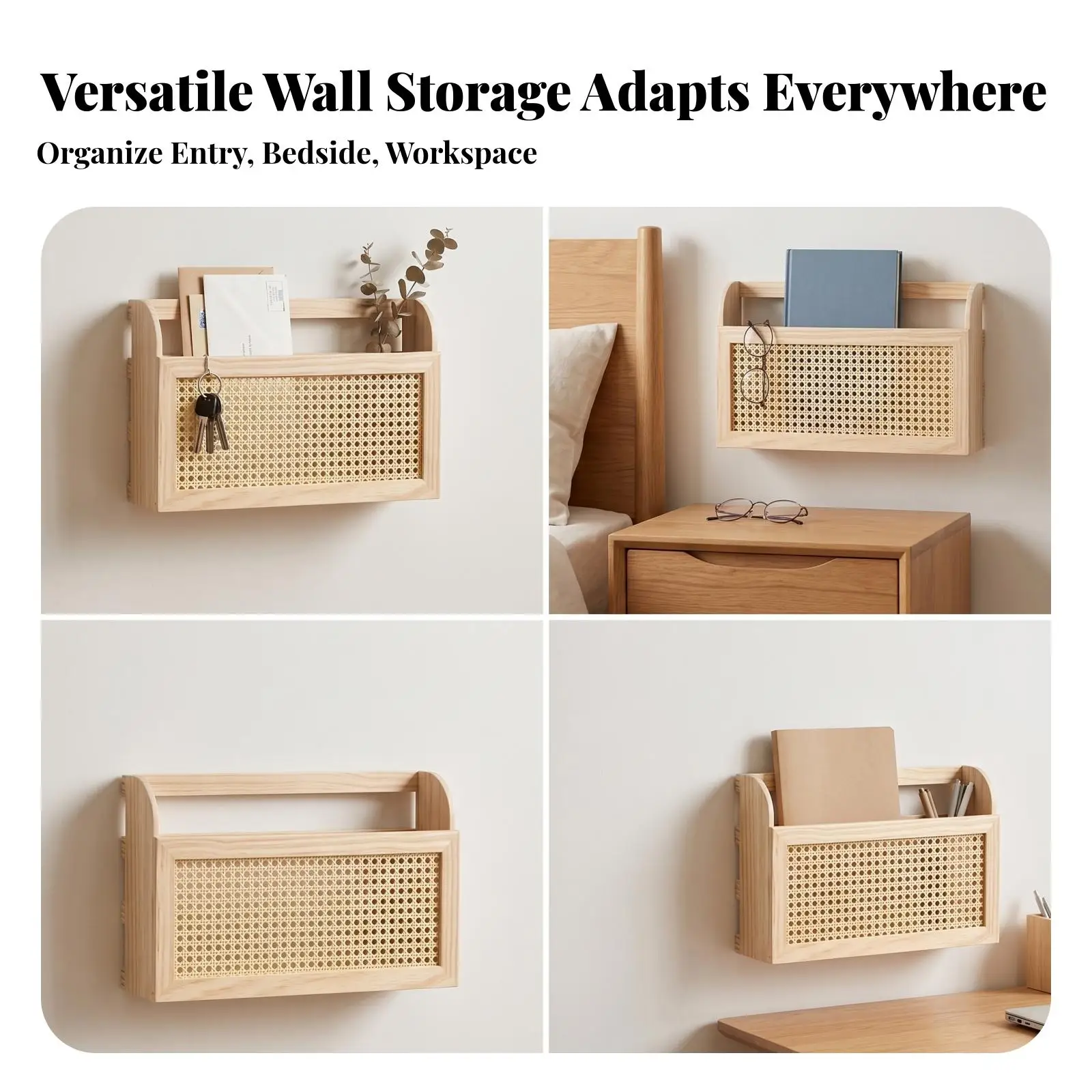 Vertical Wall Storage Rack for Magazines Books with Rattan Front for Bedroom Study Room
