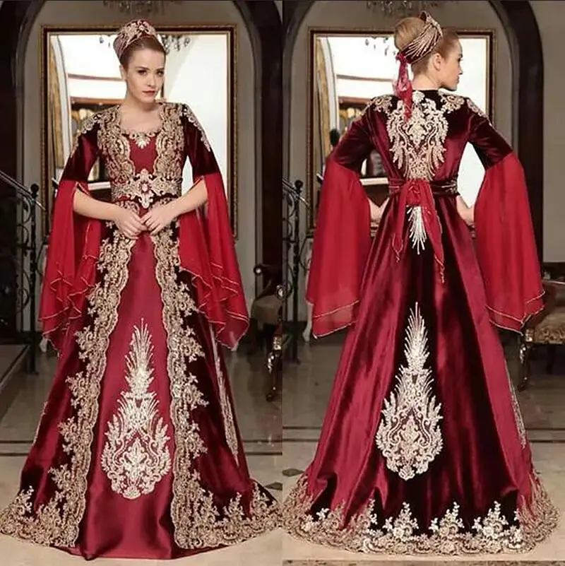 Robe de Soirée Caftan Marocain Arabe, Manches sulf, Motif Or, Appliques en Dentelle, Bordeaux, Dubaï, Vinc, Bal