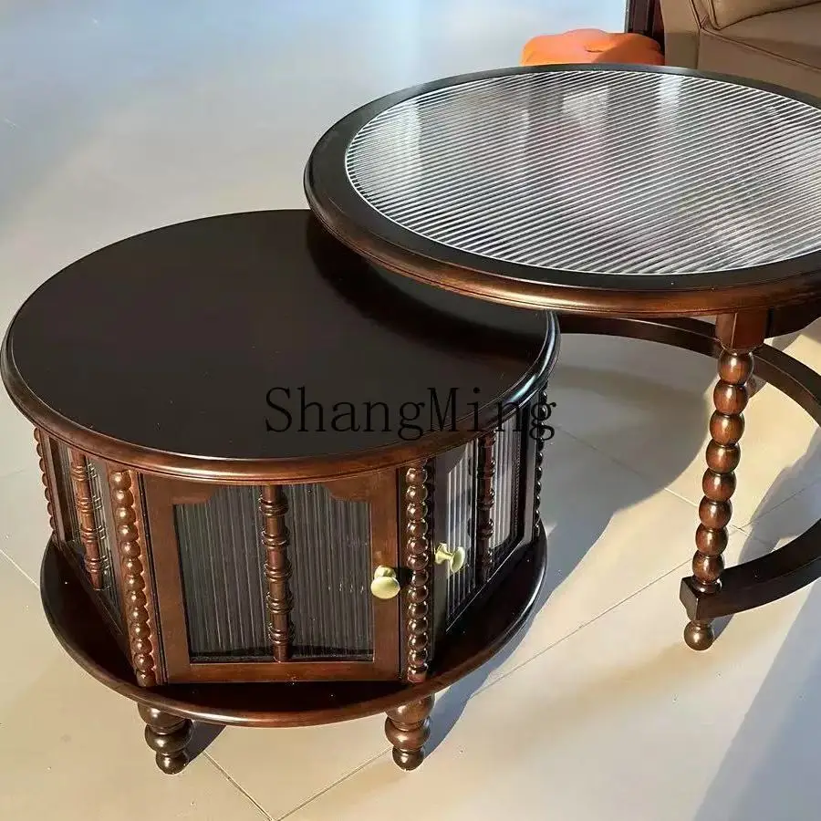 

CL Retro Round Coffee Table Solid Wood Living Room Home Small Apartment High-End Black Antique Style Combination Tea Table