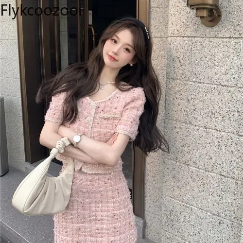 

Flykcoozooi Summer New Korean Style Short Slim Short Sleeve Top+Hip Wrap Mini Skirt Set Pink Sweet Two Piece Set Women Outfits