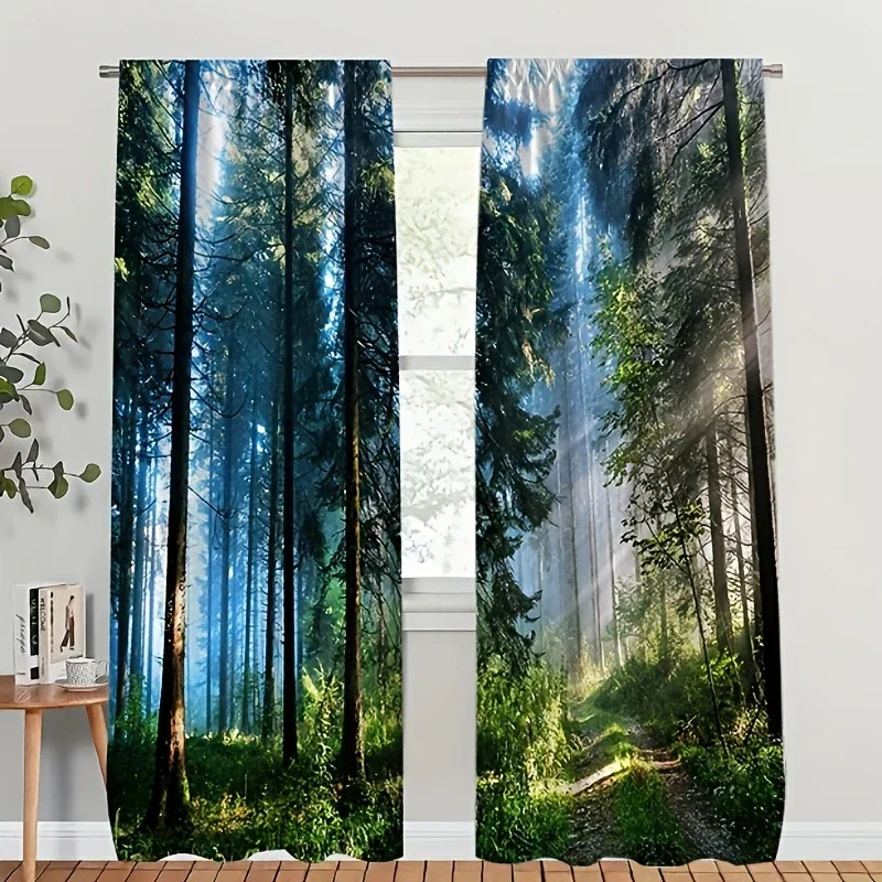 2pcs Misty Forest Path Printed Curtains, Designed for Light Filtering, Quality Material, Ideal for Nature-Inspired Home Window D