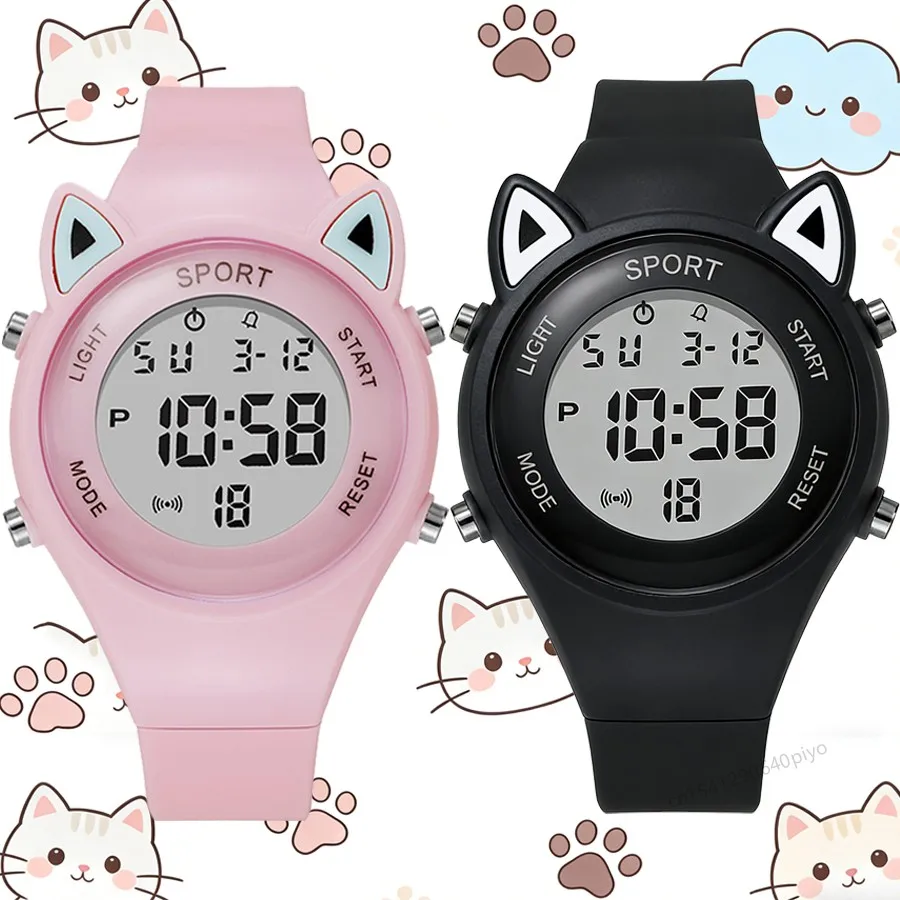Cat-Ear Kids Watch with Bracelet Waterproof Digital Watch LED Sports Electronic Wristwatch for Girls Boys Students Children Gift
