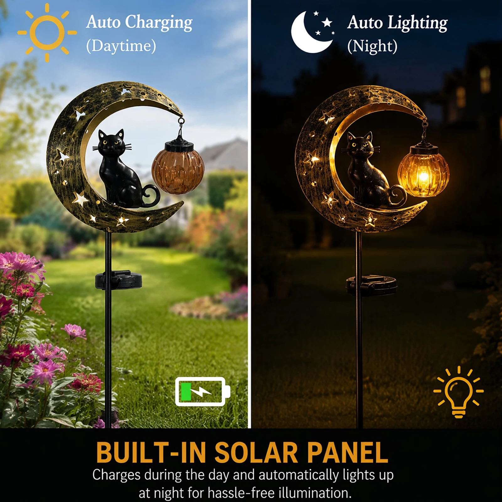 Iron Black Cat Moon Ground Lamp with Auto On/Off Solar-Powered Garden Light Moons Cats Solars Pathway Lamps for Yard/Patio Decor