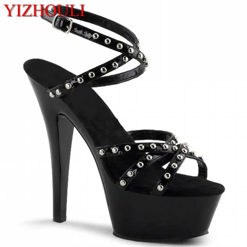 

New fashion black riveted 15cm heels, model pole dancing/banquet runway wedding dance shoes