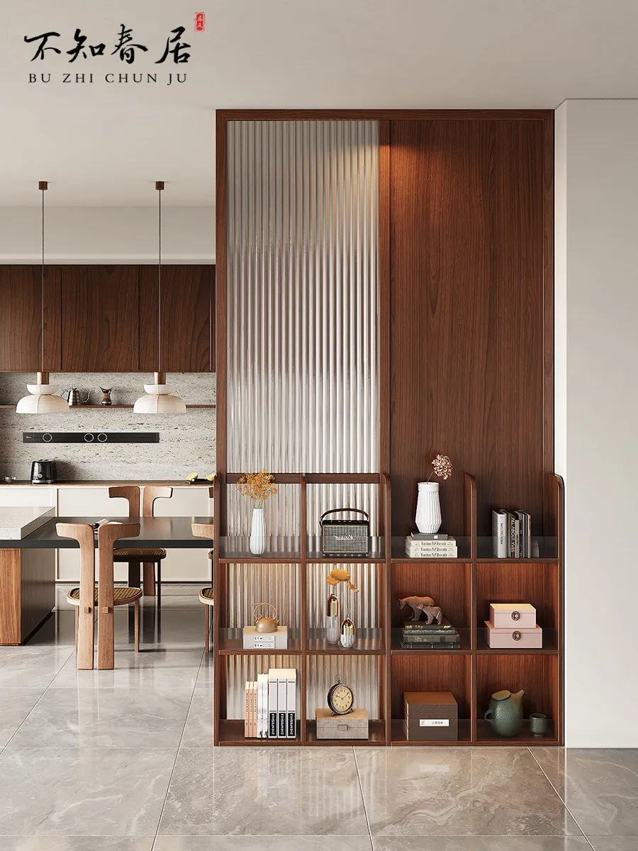 New Chinese screen partition, living room entrance entrance solid wood glass home dining room, facing the door to block