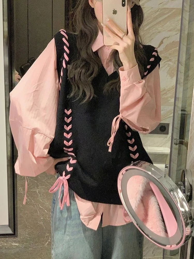 

Women's College Sle Design Knitted Vest Sweater Set V-Ne Tied Two-Piece Autumn Faion Casual Wear