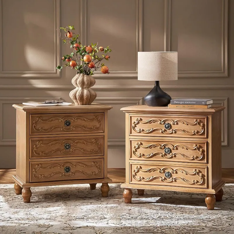

Solid Wood Nightstands Set of 2 with Charging Station, Traditional 3 Drawer Nightstands with Metal Knobs, Bedside Ta