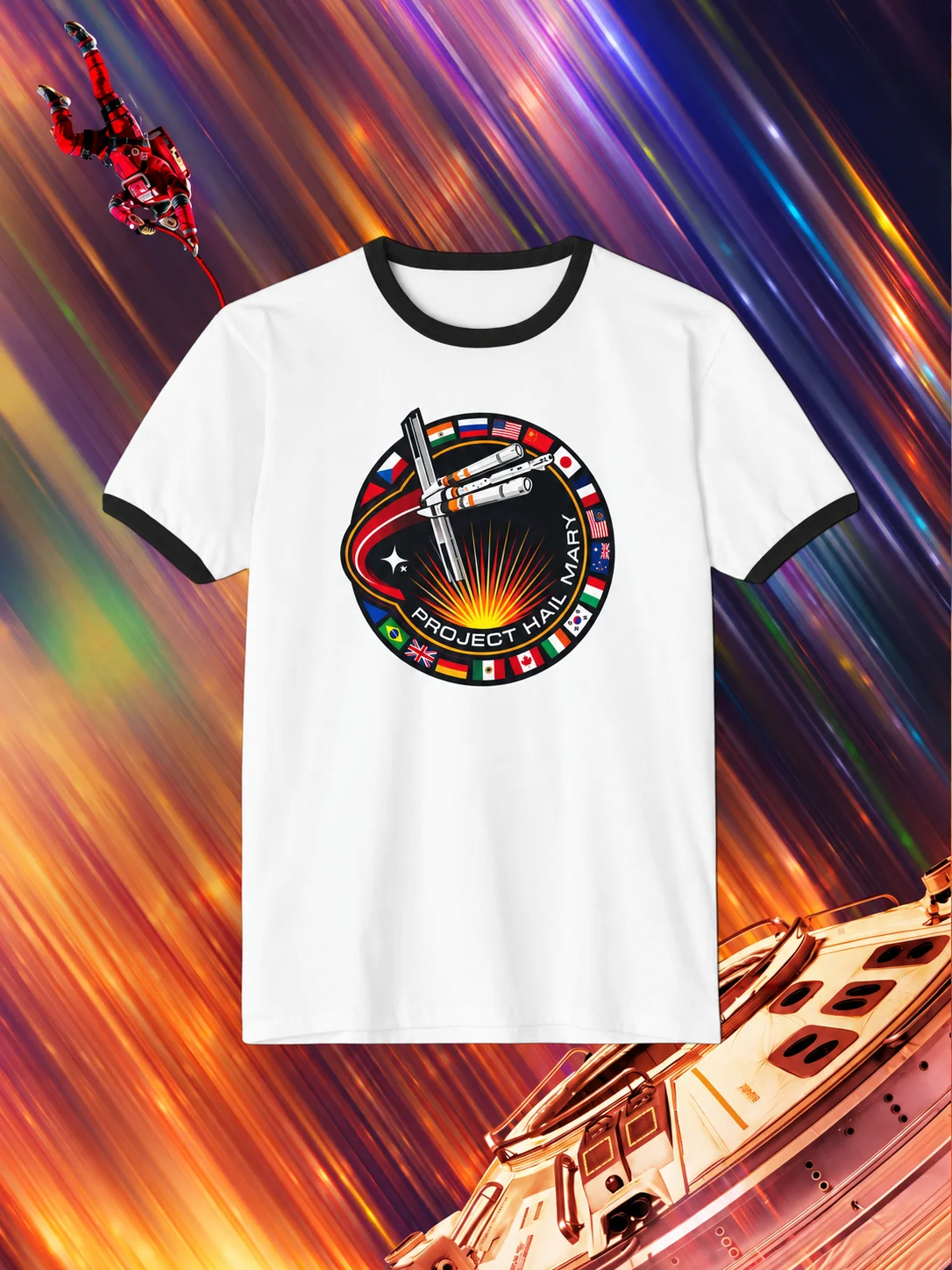 P-Project Hail Mary Ringer T-Shirt, weiß, schwarz, mit Weltraum-Mission-Aufnäher, Sci-Fi-Design, kurzärmelig, Rundhalsausschnitt, Unisex, für Männer und Frauen, Geschenk für Fans. – Detail 5