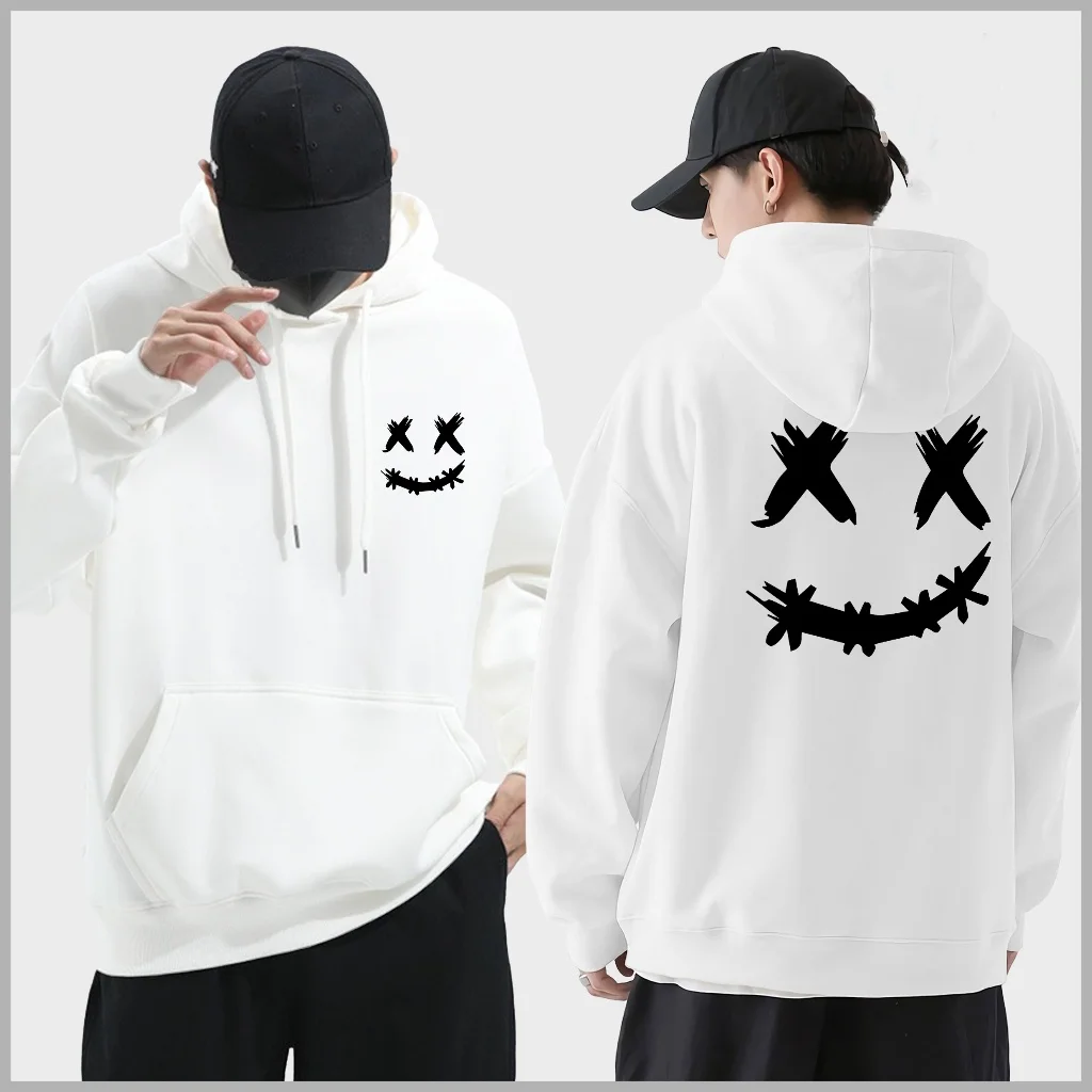 Spring Autumn Wool Men\'s Hoodie Double Smiley Printed Sweatshirt Street Clothing Rapper Loose Women Pullover Casual Hooded Top