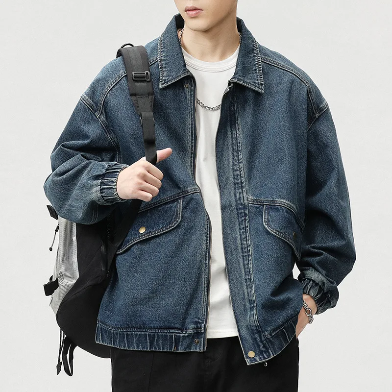 

Vintage Blue Denim Coats Sleeve Elastic Design Men's Baggy Coat Spliced Lapels Zippers Tops Casual Streetwear Large Size 4XL 5XL