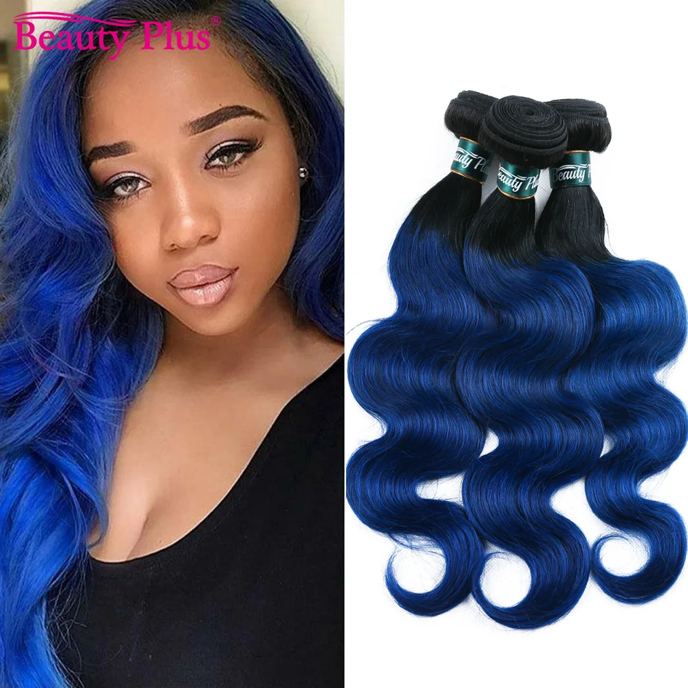 Beauty Ombre 1B gelombang tubuh biru bundel jalinan rambut Brasil 1/3/4 buah 100% bundel rambut manusia berwarna 8-30 "ekstensi rambut Remy