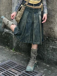 Harajuku Denim Midi saia feminina, saias midi plissadas A-Line, Academia Y2K Preppy escura, grunge japonês, Gyaru, novo, moda, anos 2000