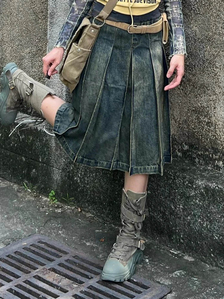 Modne dżinsy z lat 2000. XX wieku spódnica trzy czwarte dżinsowe Midi plisowane spódnice trapezowe ciemnego środowiska akademickiego Y2k Preppy japońskie Grunge Gyaru nowe