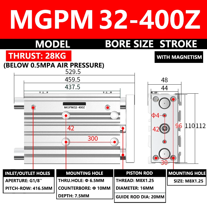 

Пневматический компактный направляющий цилиндр серии ABILKEEN MGPM MGPM32-400Z, диаметр 32 мм, ход X 400 мм, треххосевой трехштоковый воздушный цилиндр