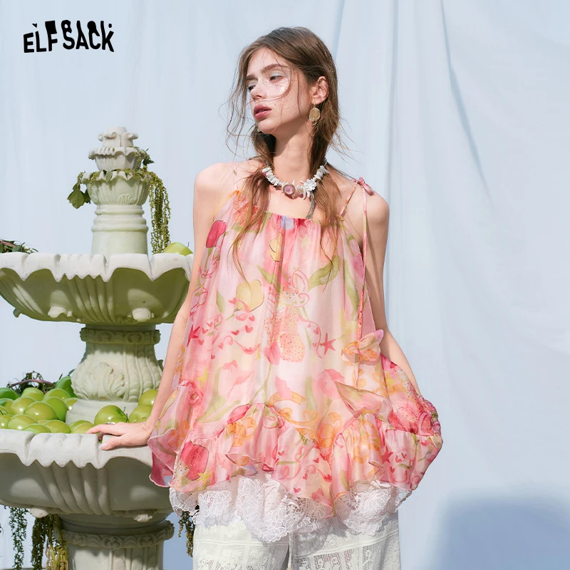 

ELFSACK Floral & Aimee Print Chiffon Cami Top with Lace Trim, Tiered Ruffle Hem, Lightweight Glossy Fabric