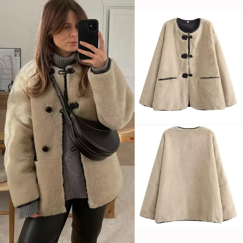 

Khaki Faux Fur Jacket Solid Single Breasted O-neck Short Plush Coat Warm Thick Loose Faux Mink Furry Jacket Fluffy Casual Luxury