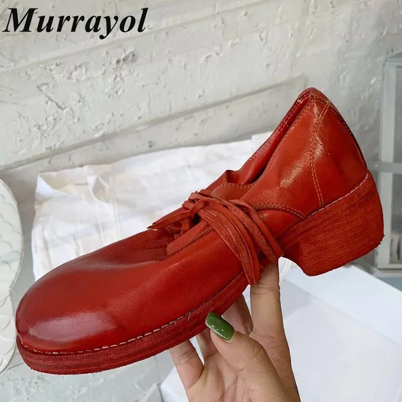 

New Round Toe Thick Heel Mary Jane Shoes Women Genuine Leather Lace-up Flat Shoes Spring Autumn British Style Single Shoes