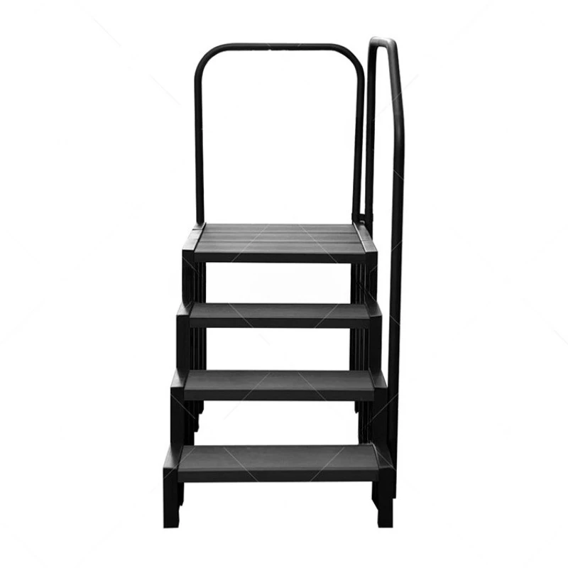 Escalera moderna de cuatro peldaños antideslizante de madera sintética y metal para spas, con agua caliente y potente, para piscinas de spa.