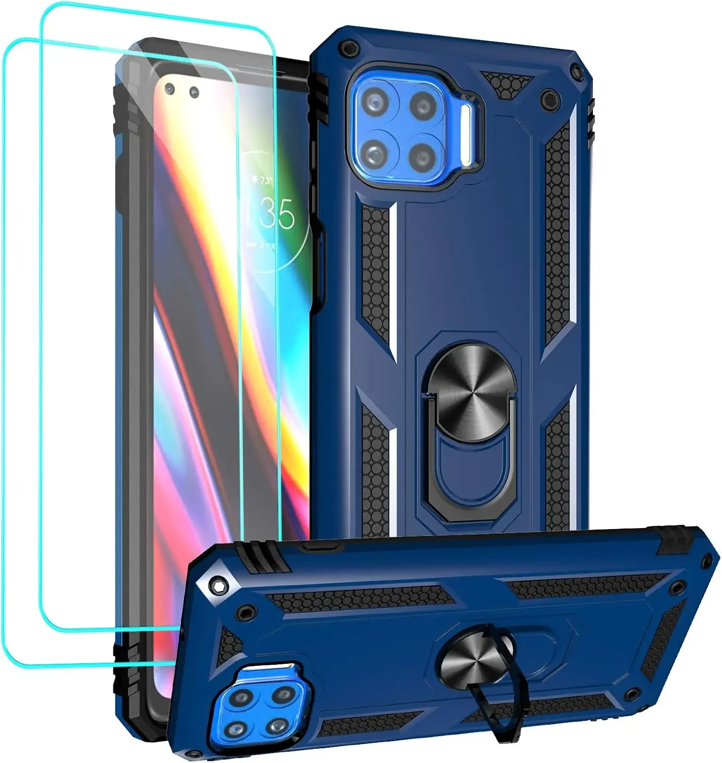 

Androgate Compatible with Moto One 5G Case, Motorola One 5G UW Case, with Tempered Glass Screen Protectors, Military-Grade Metal Ring Kickstand 18ft Drop Tested Shockproof Cover, Blue