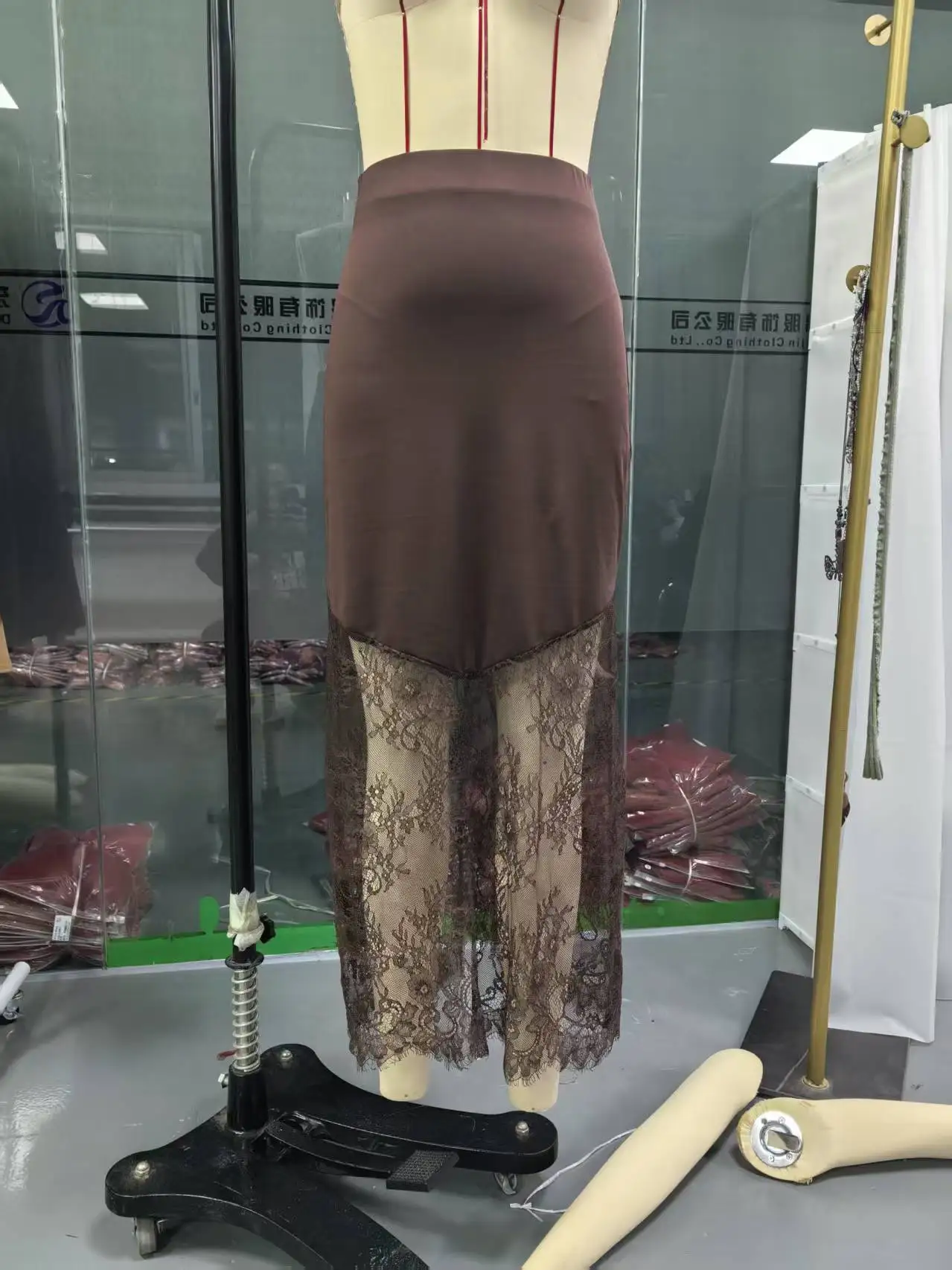 Lace Patchwork Skirts Women 2026 Summer New High Waist Slim Hollow Out Maxi Skirts Autumn Brown Fashion Party Club Long Skirts