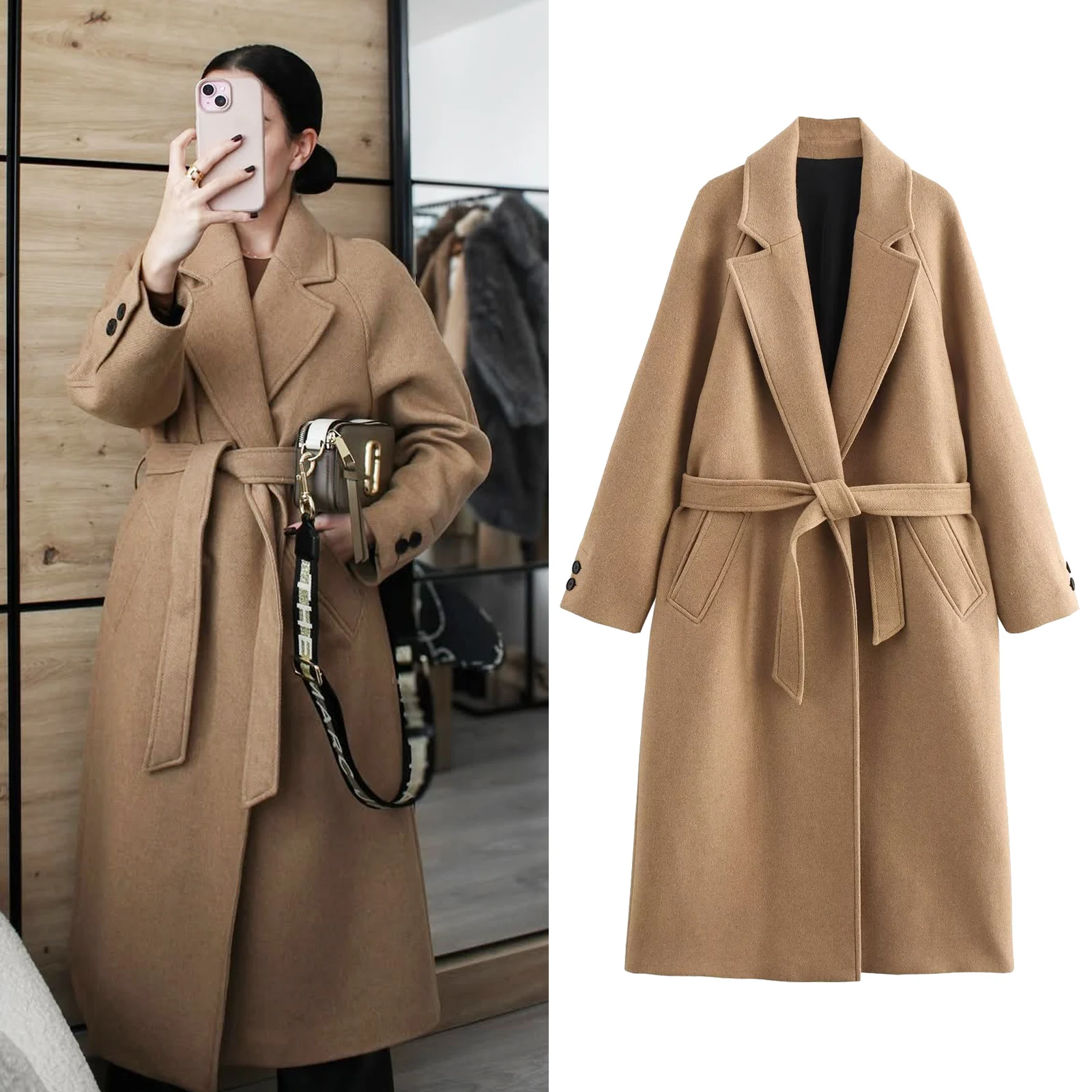 Taop&Za women's 2024 autumn and winter new coat with collar and belt, single breasted commuting and leisure long jacket