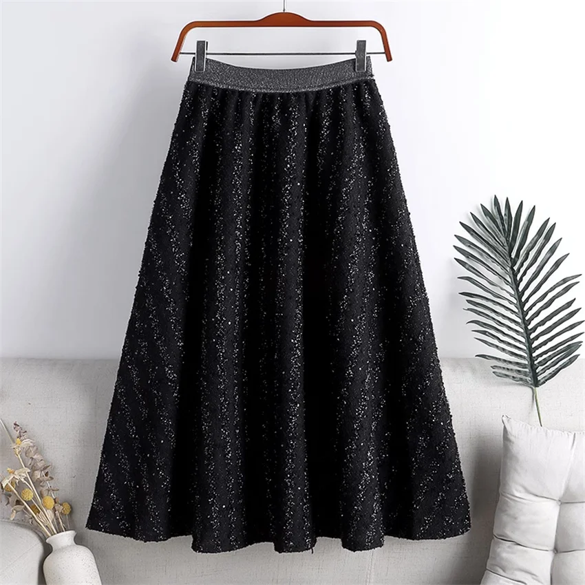 

Gowyimmes Autumn Winter Women Skirt Elegant Slim Lady High Waist A-line Skirts Midi Long Liangsi Skirt Retro Bottomings PD1691