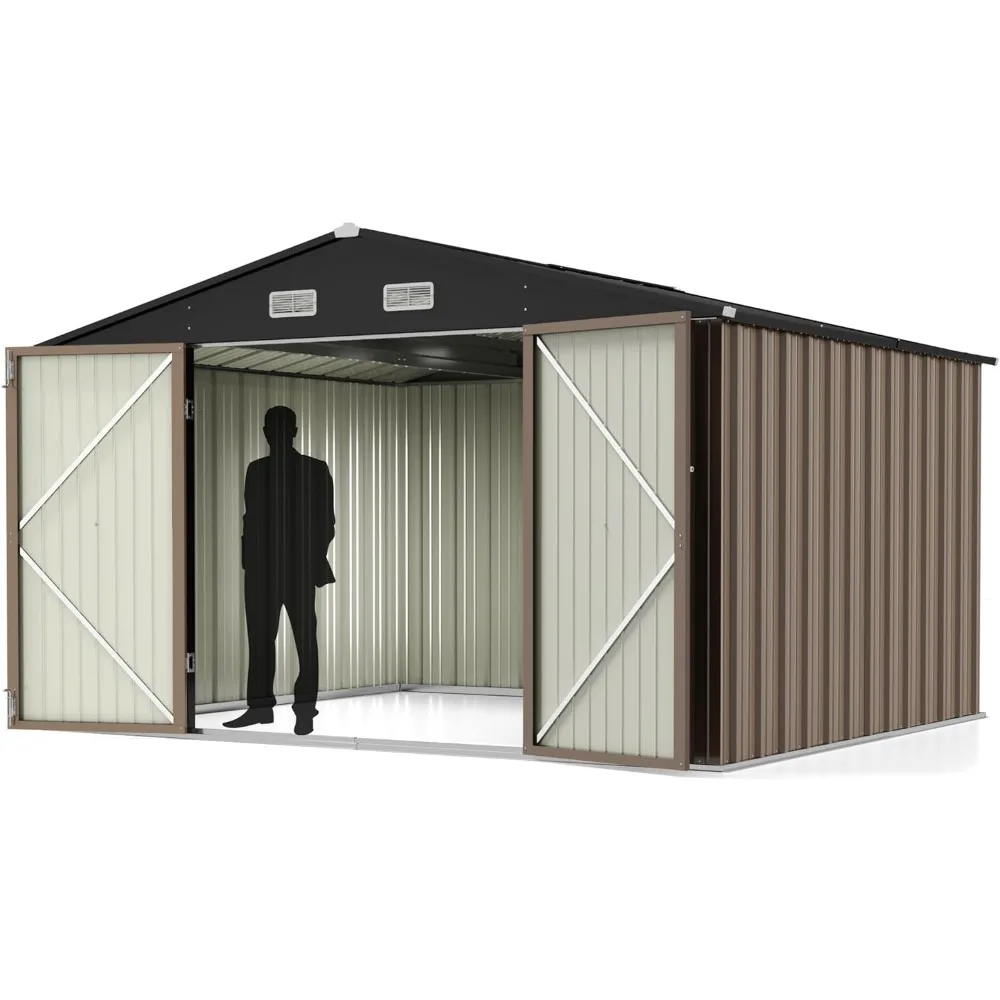 Metal Outdoor Storage Shed 10FT x 8FT, Steel Utility Tool Shed Storage House with Door & Lock, Metal Sheds Outdoor StorageBrown