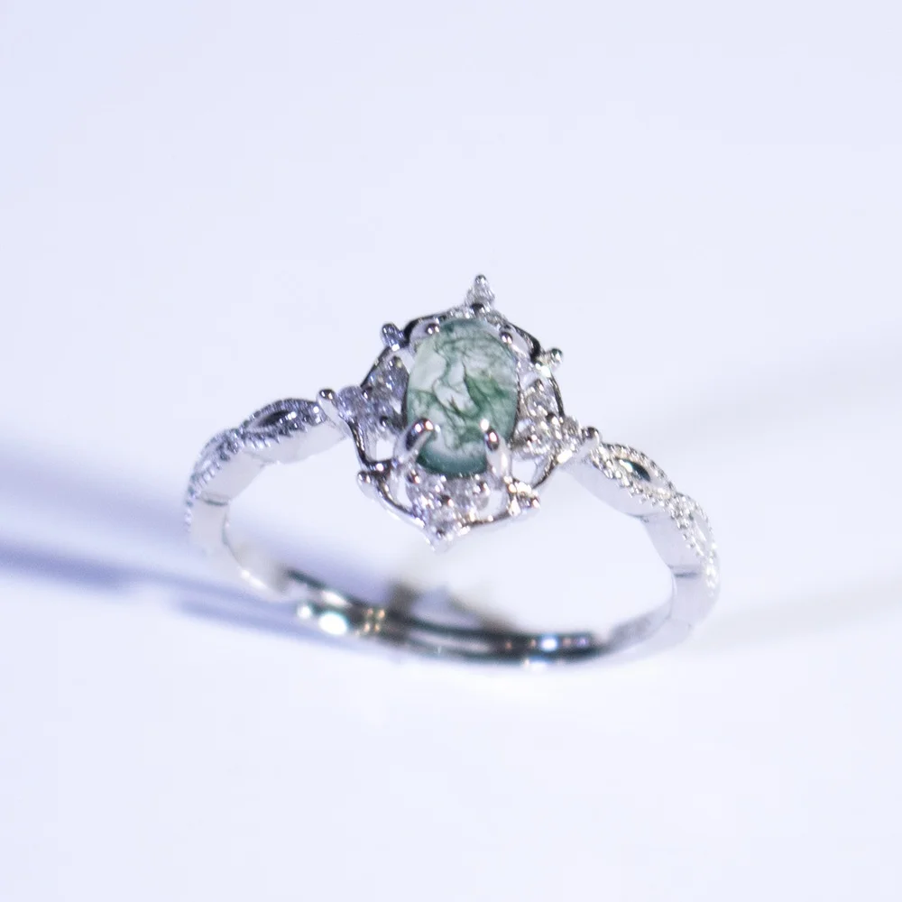 

Light Luxury Green Moss Ring Fashion 925 Silver Moss Agate Engagement Ring Adjustable Green Woman 925 Silver Rings