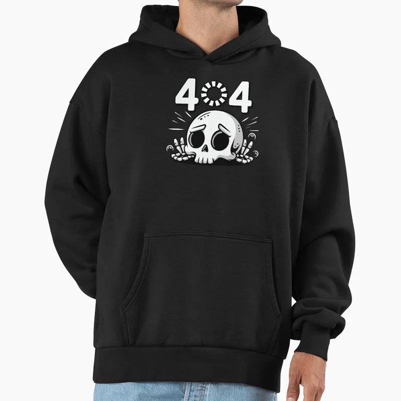 404 - Skull Not Found Graphic Hoodie Black Fleece Sweatshirt for Programmer Software Engineers Geek IT Developer Fan Gift Hooded