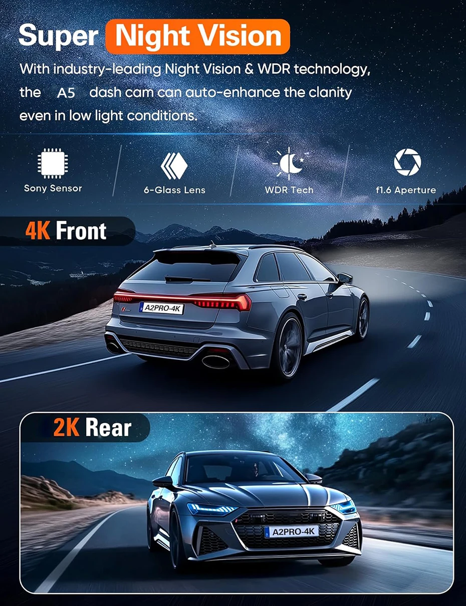كاميرا أمامية وخلفية 4K و2K مع واي فاي، رؤية ليلية، تسجيل حلقة، مستشعر G، شاشة ركن السيارة 24/7، مسجل فيديو للسيارة