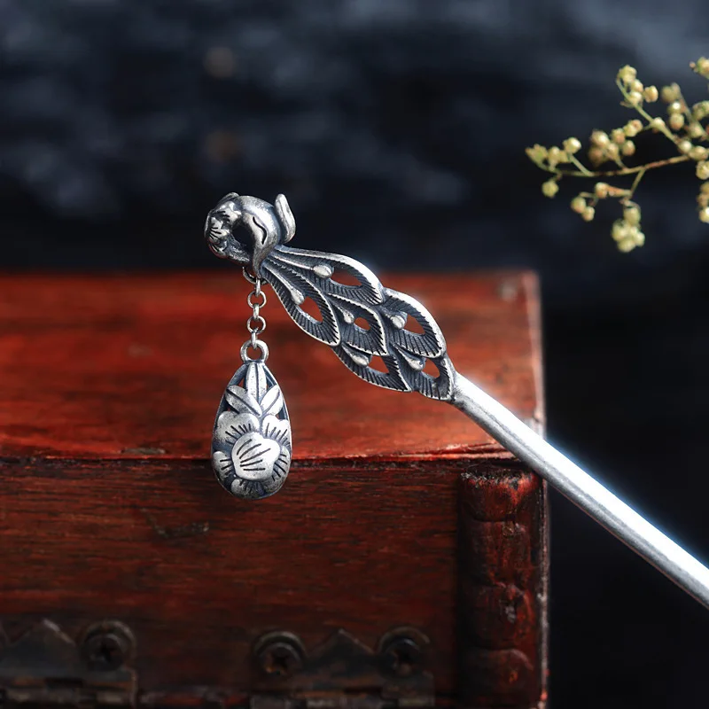 

Vintage 925 Thai silver peacock tassel peony pendant hair Jewelry exquisite classic hollow design tiara women hanfu accessories