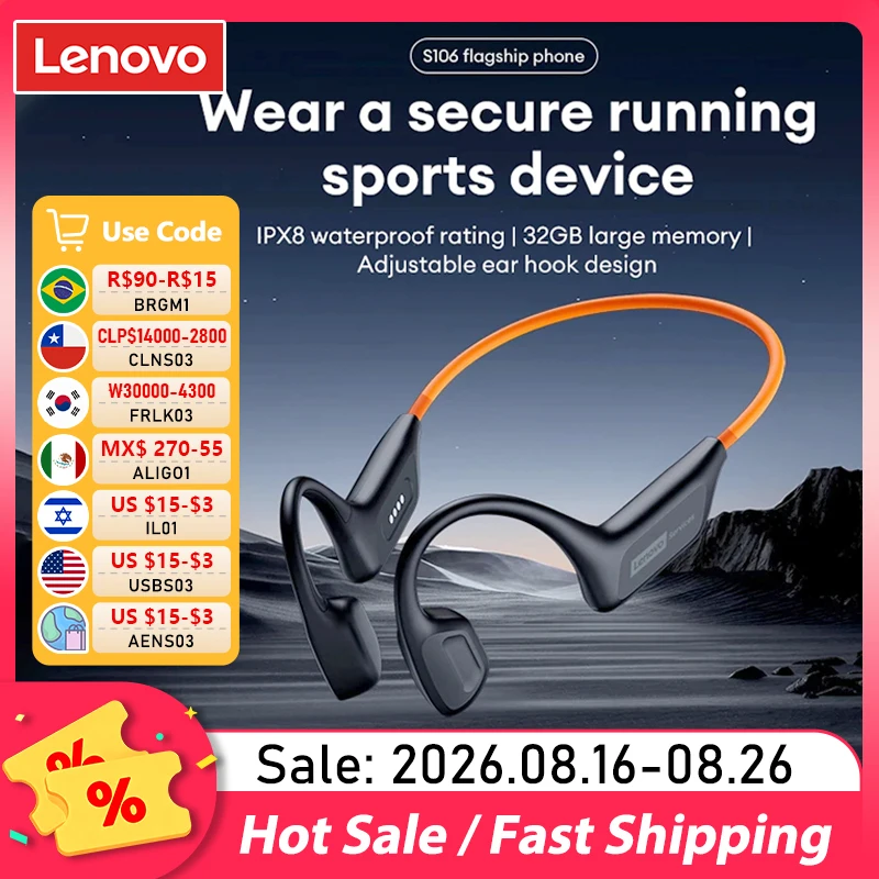 Fone de Ouvido Lenovo S106 True Bone Conduction Bluetooth 6.0 IPX8 à Prova D'água com MP3 de 32GB, Fones de Ouvido HIFI com Microfone para Natação