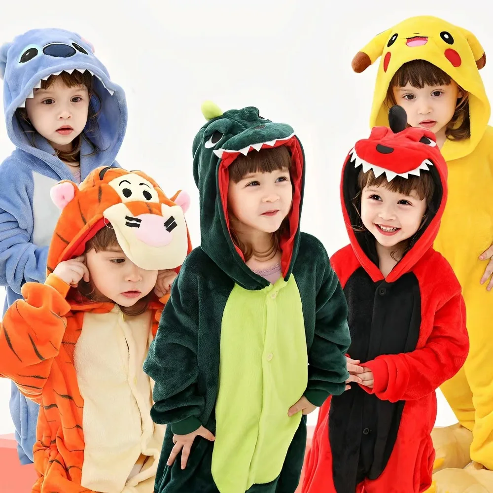 Thick Winter Outfit Children Cosplay Dinosaur Onesie Baby Animal Clothes Cute Coral Fleece Cartoon Boys Girls